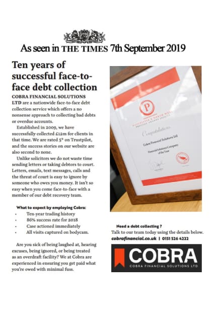 Cobra in the Times - Ten years of successful face-to-face debt collection